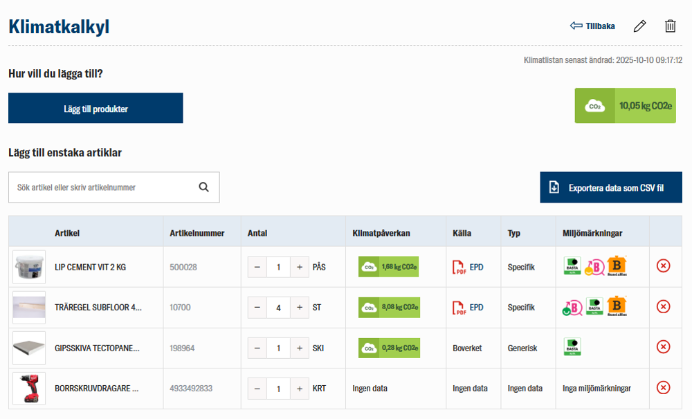 nomenu Klimatkalkyl hos Deje Trä som visar byggprodukters klimatpåverkan, källa och miljömärkningar.