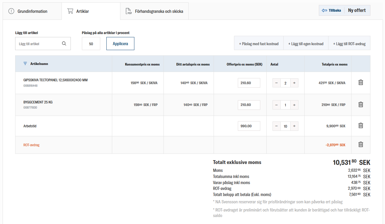  Offertverktyg hos Deje Trä som visar artiklar, pris, arbetskostnad och ROT-avdrag.