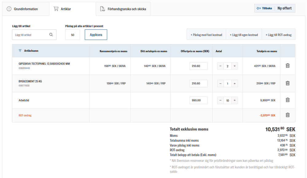 nomenu Offertverktyg hos Deje Trä som visar artiklar, pris, arbetskostnad och ROT-avdrag.