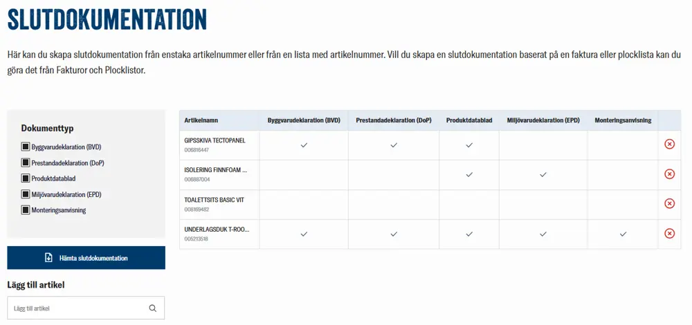nomenu Slutdokumentation hos Deje Trä med produktinformation och dokumentlänkar.