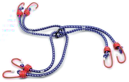 Elastiska bagageremmar med krokar i blått och rött.