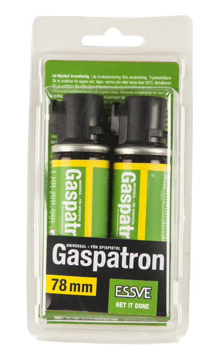 Förpackning med två gröna gaspatroner, märkt "Gaspatron 78 mm" och "ESSVE".