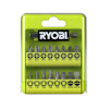Bitsats i plastförpackning med RYOBI-logotyp. Innehåller 17 bitar i olika former och storlekar.