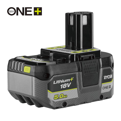 Batteri med märket RYOBI, text "Lithium+ 18V 5.0Ah" och ONE+ logotyp, svart och grått med gröna detaljer.