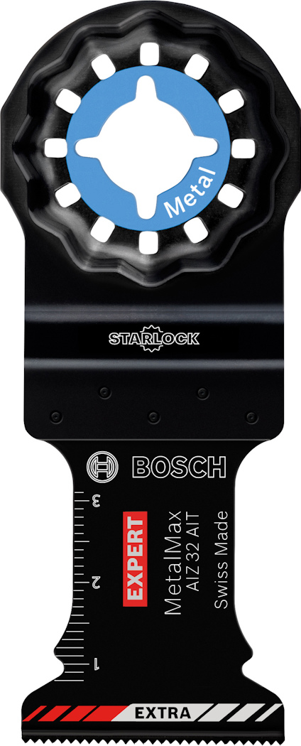 Sågblad med text "Starlock", "Metalmax", "Expert", "Bosch", och mätmarkeringar på svart bakgrund.