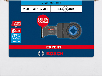 Förpackning med 25 Bosch Starlock AIZ 32 AIT sågblad, extra beläggning, lång livslängd.