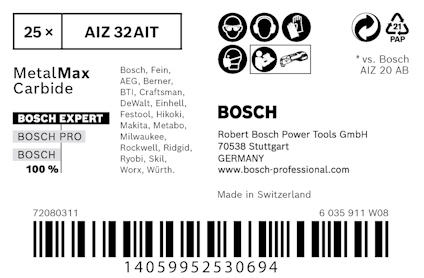 Förpackning med etikett för Bosch Expert MetalMax AIZ 32AIT, 25 stycken. Tillverkat i Schweiz. Streckkod och företagsdetaljer ingår.