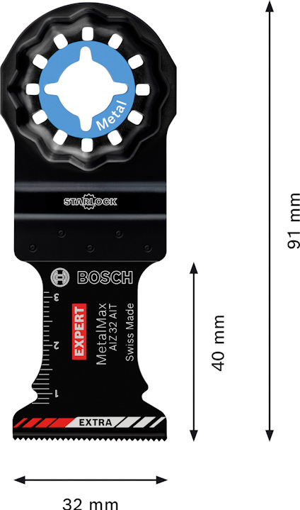 Svart oscillerande sågblad för metall, 91 mm x 32 mm, med Bosch-logotyp och måttangivelser.
