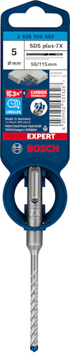 Borrbit Bosch SDS plus-7X, storlek 5 mm x 115 mm, med förpackning som visar produktinformation och streckkod.