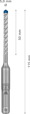 Borr med blå spets och silverfärgad kropp, längdmarkeringar: 50 mm, total längd 115 mm, diameter 5 mm.