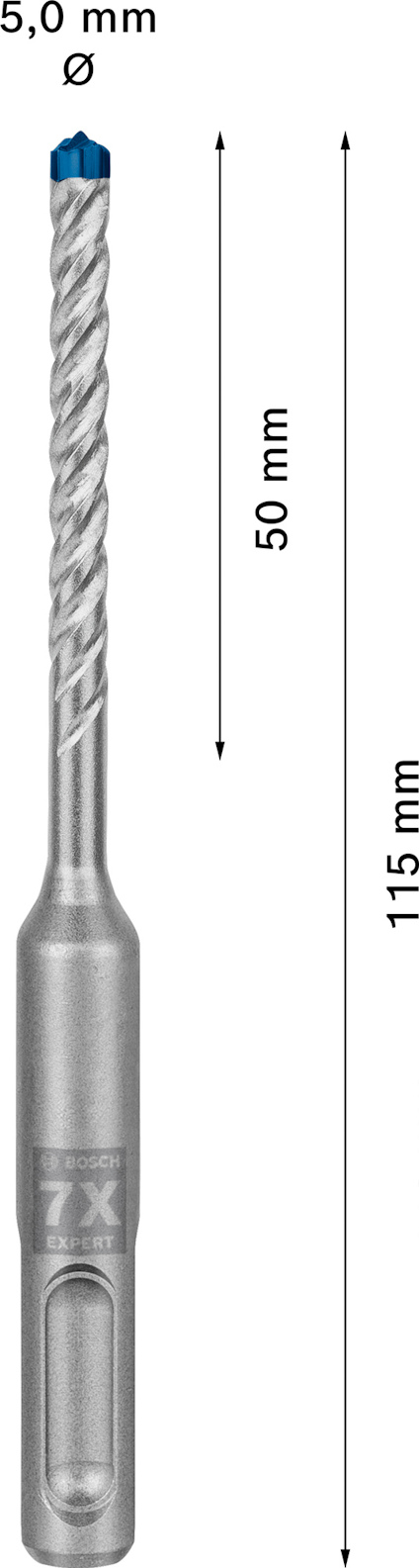 Borr med blå spets och silverfärgad kropp, längdmarkeringar: 50 mm, total längd 115 mm, diameter 5 mm.