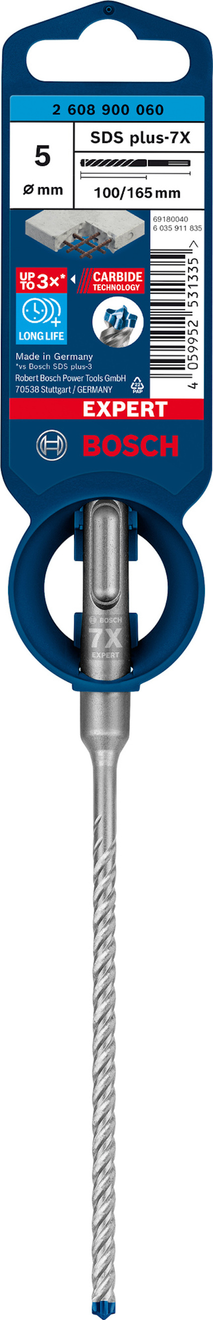 Borr från Bosch med blå förpackning och etikett som visar specifikationer, inklusive "SDS plus-7X" och "5 mm".
