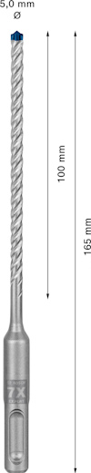 Metallborr med spiraldesign, 165 mm lång, med blå spets. Visas med mått: 5 mm diameter och 100 mm respektive 165 mm längd.