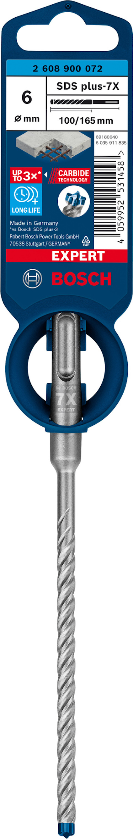 Borr tillverkad av Bosch, SDS plus-7X, diameter 6 mm, längd 100/165 mm, grå spiralformad design med blå förpackning.