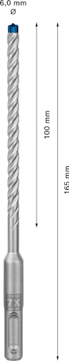 Borr med spiralformad spets och mätangivelser 6,0 mm diameter, 100 mm spiral längd, 165 mm total längd.