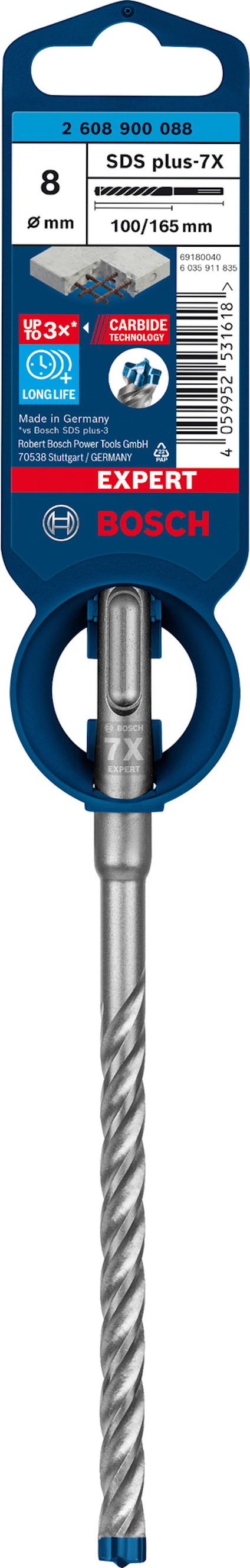 Borr från Bosch med etikett med text: "SDS plus-7X", "8 x 100/165 mm", "Carbide", "Expert Concrete".