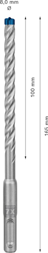Borr med spiraldesign, 8,0 mm diameter, 165 mm längd. Visar måttangivelser och spetsdetaljer.