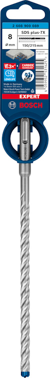 Borr av märket Bosch, SDS plus 7X, diameter 8 mm, längd 195x150 mm, förpackning med blå etikett.