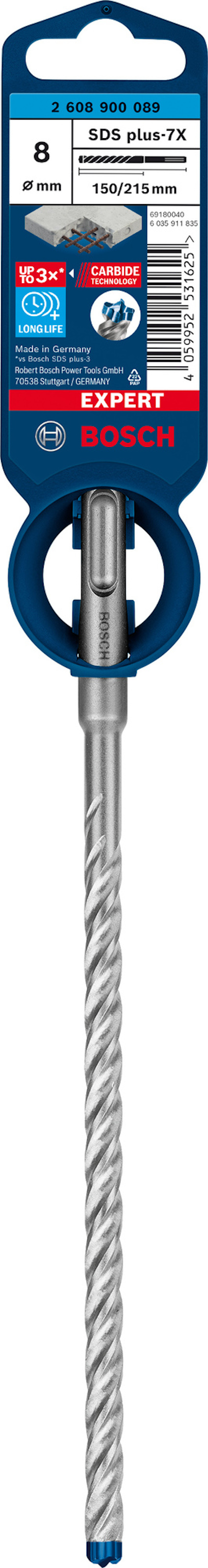 Borr av märket Bosch, SDS plus 7X, diameter 8 mm, längd 195x150 mm, förpackning med blå etikett.