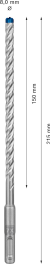 Borr av metall, längd 215 mm, spiralformad med spets; markerat mått 150 mm och 8,0 mm diameter.