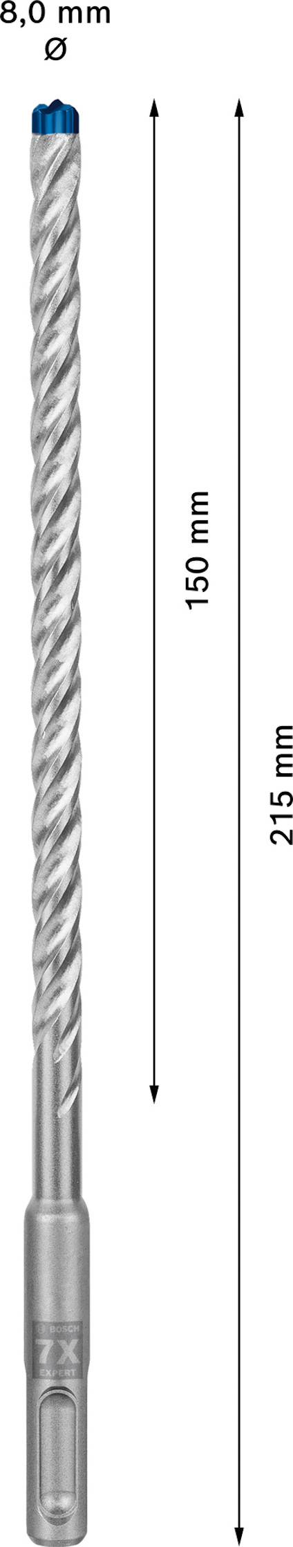 Borr av metall, längd 215 mm, spiralformad med spets; markerat mått 150 mm och 8,0 mm diameter.