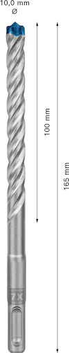 Borr med spiraldesign, blått spets, 165 mm lång, markerad med 100 mm och 10 mm diameter.