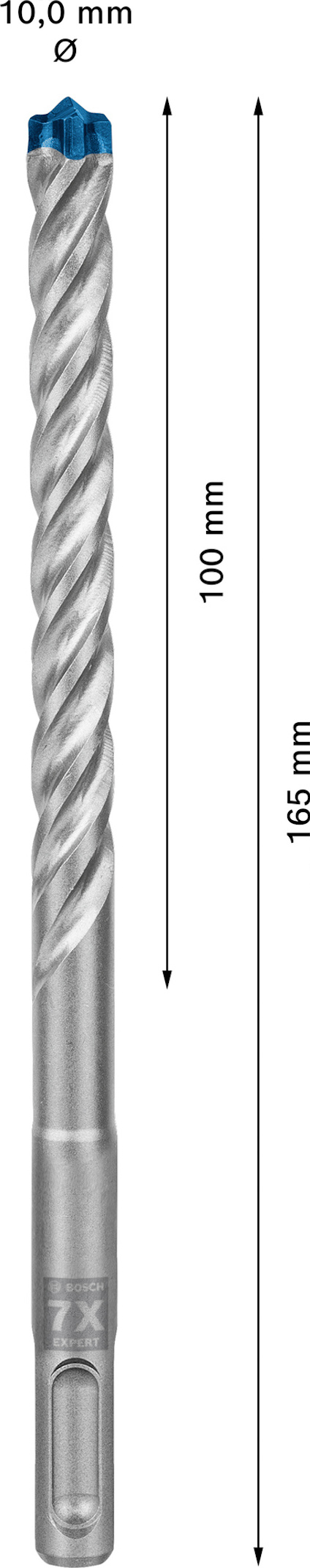 Borr med spiraldesign, blått spets, 165 mm lång, markerad med 100 mm och 10 mm diameter.