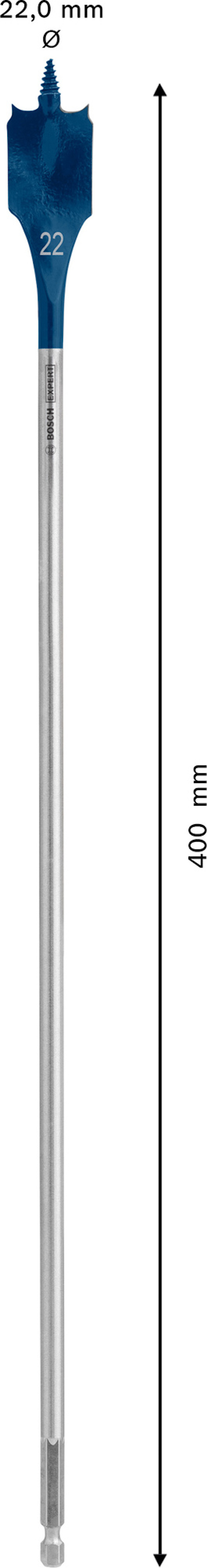 Flatborr i metall med blått huvud, märkt "22" och "400 mm". Huvudet är 22,0 mm brett.