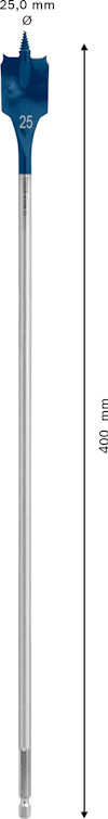 Lång borr med blå spets, märkt "25" och "25,0 mm". Längd markerad som "400 mm".