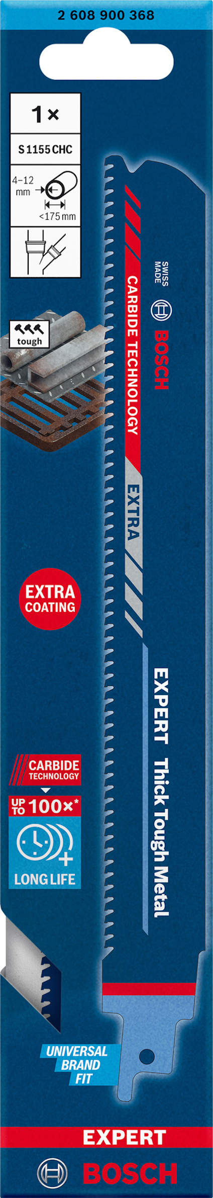 Blå förpackning med Bosch sticksågblad, modell "Expert Thick Tough Metal S 1150 CHC".