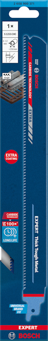 Förpackning med ett sticksågblad från Bosch, märkt "Expert Thick Tough Metal".