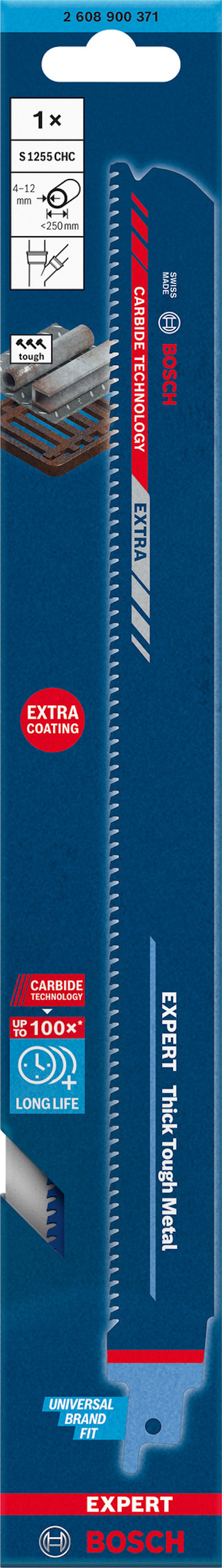 Förpackning med ett sticksågblad från Bosch, märkt "Expert Thick Tough Metal".
