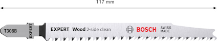 Sticksågblad med text "Expert Wood 2-side clean", "Bosch", "Swiss Made", längd 117 mm.
