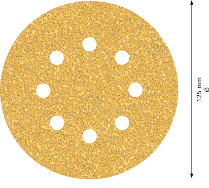Rundt sandpapper med åtta hål, diameter 125 mm.