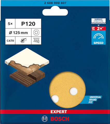 Blå förpackning Bosch P120 sandpapper, 5-pack, 125 mm, med hål, avbildat trä och ikon för hög hastighet.