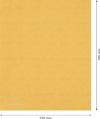 Gult sandpapper i rektangulär form, 230 mm x 280 mm.