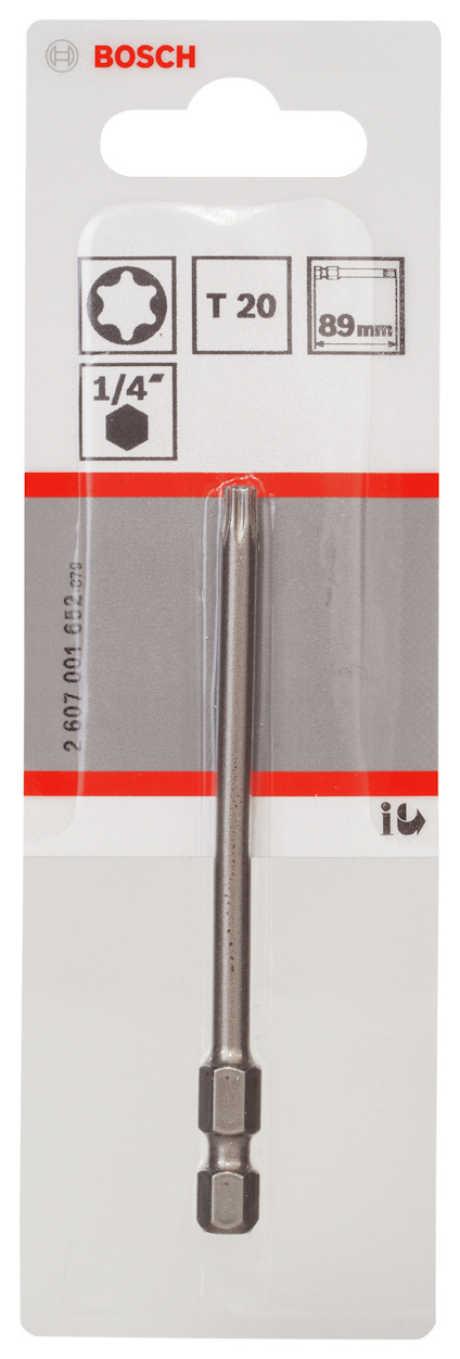 Förpackning med Bosch bits, T20, 89 mm, 1/4" storlek.