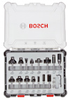 Förvaringslåda med 15 stycken blandade frässtål. Bosch-logotyp på locket.