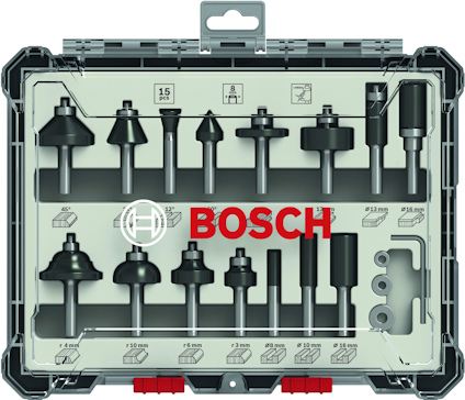 Verktygslåda med 15 st Bosch fräsbits och illustrationer av deras profiler.