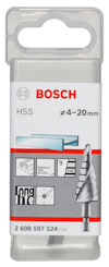 Förpackning med Bosch HSS stegborre, 4-20 mm, innehåller bilder och specifikationer.