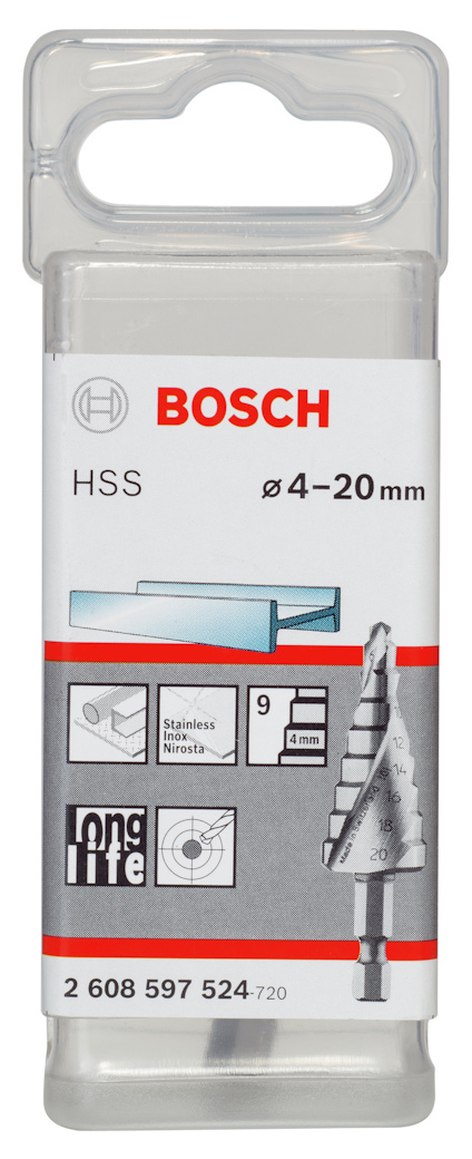 Förpackning med Bosch HSS stegborre, 4-20 mm, innehåller bilder och specifikationer.