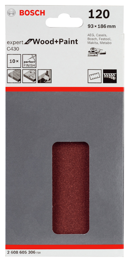 Slipningspapper Bosch Wood+Paint, 120 grit, 93x186 mm, 10-pack.