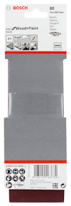Slippapper Bosch Wood+Paint 75x457 mm, korn 80, 3-pack, i förpackning.