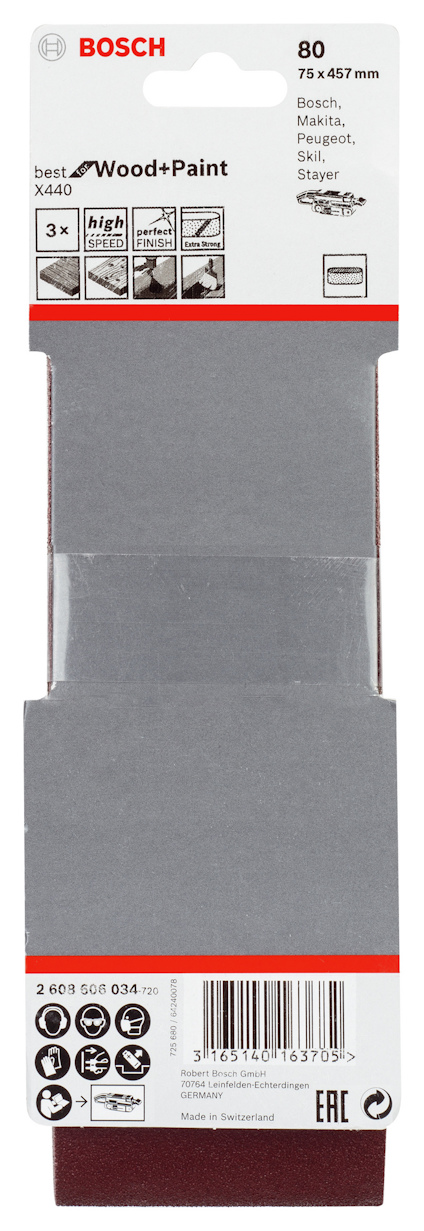 Slippapper Bosch Wood+Paint 75x457 mm, korn 80, 3-pack, i förpackning.