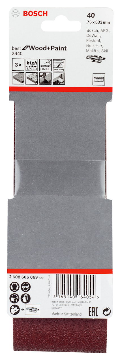 Bosch slipband 75x533mm, kornstorlek 40, för trä och färg, 3-pack, made in Switzerland.