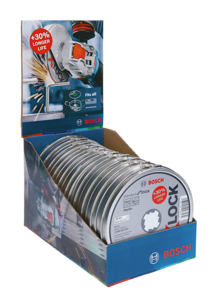 Förpackning med Bosch kapningsskivor, text "30% longer life", i en displaykartong.