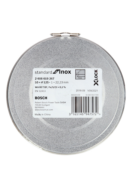 Rund slipskiva med etikett: "standard inox", "Bosch", diameter 10,6x125mm, tillverkad i Kina.