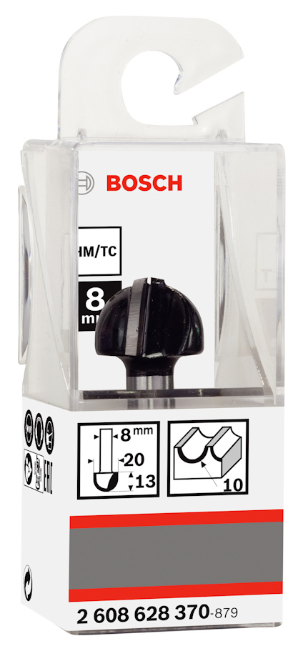Förpackning med Bosch-bits för fräsning, diameter 8mm, max 20mm djup, artikelnummer 2 608 628 370-879.
