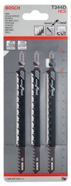 Förpackning med tre Bosch T344D sticksågblad för trä, med märke och produktbeskrivning.