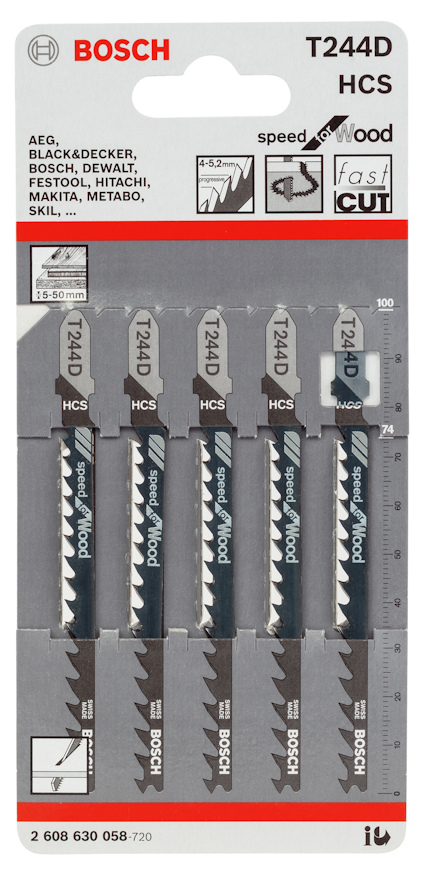 Förpackning med fem Bosch T244D sticksågblad för träbearbetning, kompatibla med flera verktygsmärken.